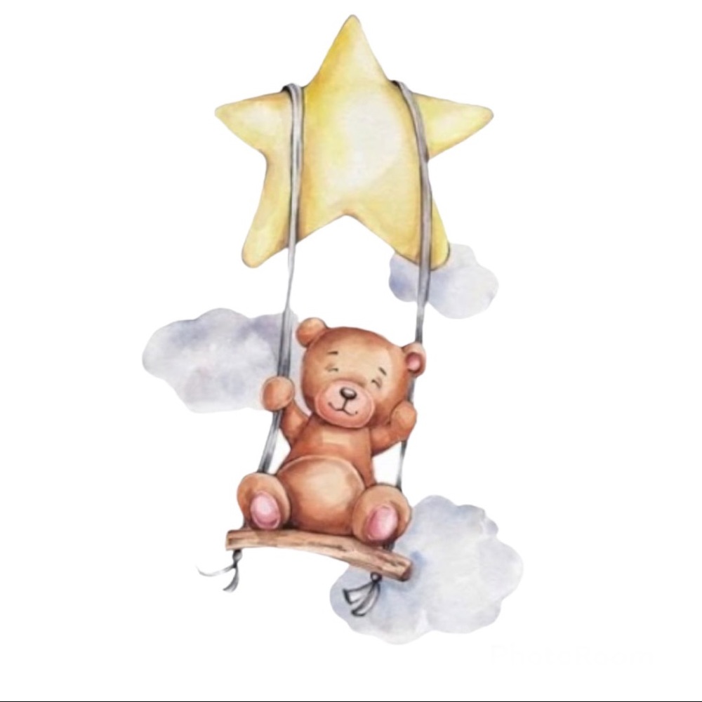 Baby Bear Nursery Decal Teddy Bear Swinging From Star W/ Clouds Wall Sticker NWT